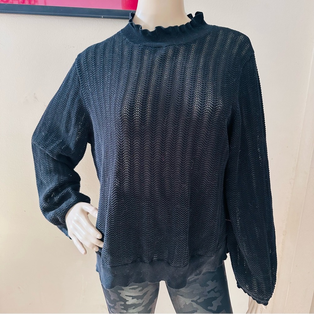 J. Crew Black Sheer Ruffle Mock Neck Sweater
